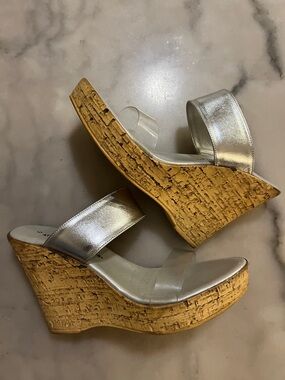 Athena Alexander Silver Metallic Cork Wedge Sandals